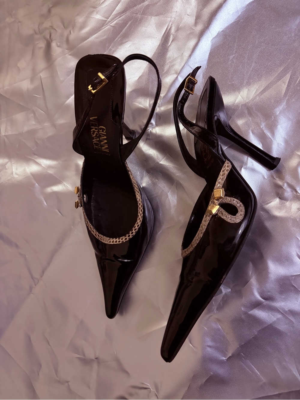 Versace Black Patent Pointed Slingback Pumps with Gold Accent - Picture 2 of 11